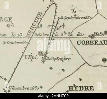L'illustrazione : ufficiale universel . .55 P Kootei epperentet dea Vlasète*. Mercure, perdu dans les rayons du soleil dans les pre-miers jours du mois, iniziare un sen dé,5ager vers le 10,en devenant étoile du matin. Vers le 23, il se lève environ 1 Io ho avant le soleil ; et du i:; au 30 il sera placé dune ma-nière favorevoli osservazioni aux. La figura ci-après montrela trace de lorbito apparente de cette planète depuis le 8 septembre jusquau 8 novembre. Su voit quaprès ONU-mou vement direct du 8 au 23 septembre, la planète a été sta- al questionario du 23 au 2C; fare là au 18 octobre le mouvementfera rttro Foto Stock