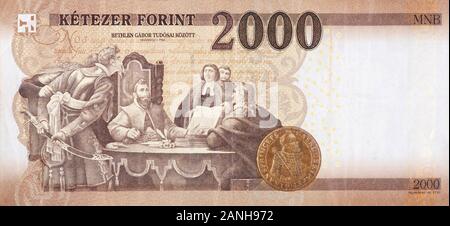 Gabor Bethlen tra i suoi scienziati foto di Madarasz Viktor su ungherese 2000 Fiorini 2013 banconota da vicino il frammento Foto Stock