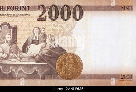 Gabor Bethlen tra i suoi scienziati foto di Madarasz Viktor su ungherese 2000 Fiorini 2013 banconota da vicino il frammento Foto Stock