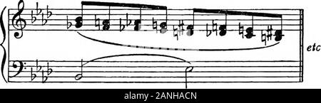 Armonia moderna, la sua spiegazione e applicazione . fM^ ^f^l^t*:^^ .;p^febl.ll^ J^li. %P-L&GT;L M ^ 1 ^ J 1 ^?^^ l^u^ ^^ ^ . 1 J ^^^ ^= (schema). CEF.. Questa vista dell ottava essendo composto di dodici equaldivisions ammette lungo successioni di intervalli o chordsexactly pari in termini di qualità. Ciò costituisce un nuovo harmonicprinciple capace di vasta applicazione che spaziano da thesuggestion di una remota sensazione modale a passaggi di tonalità purposelyevasive, e tali belle espressioni come alseguente: Ex. 70. Andante. P CORDER, Elegia E m^ ^^ fTT % (pf.) cantabile ma m ^ pianoforte TT 10-   una corda Foto Stock