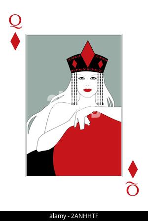 Regina dei diamanti con una corona con il simbolo del diamante nel centro. Scheda di Poker Illustrazione Vettoriale