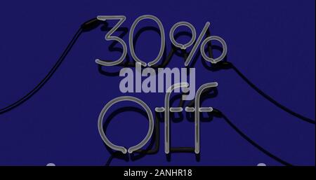 30 percento di sconto 3d sign off in sfondo blu, offerta speciale 30% di Neon, vendita fino al 30 percento di sconto, Offerta speciale pubblicità - 3D Rendering Concep Foto Stock