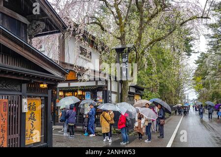 Kakunodate Bukeyashiki Street (samurai residences) in primavera la fioritura dei ciliegi stagione piovosa giornata. Tradizionale Giapponese scena, bellezza pieno fiore Foto Stock