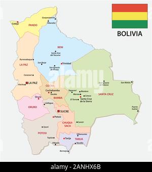 Bolivia mappa amministrativa con la bandiera e le principali città Illustrazione Vettoriale