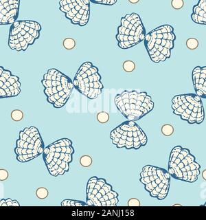 doppia conchiglie e perle semless modello vettoriale su sfondo blu pastello Illustrazione Vettoriale