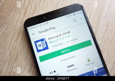 App Microsoft Word sul sito Web Google Play Store visualizzato sullo smartphone Huawei Y6 2018 Foto Stock