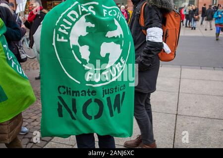 Mainz, Germania - 17 Gennaio 2020: il venerdì per la futura protesta - i Partecipanti che protestavano contro la politica in materia di clima. Qualcuno sta indossando un venerdì per il futuro poster oltre la camicia in Mainz, Germania. Foto Stock