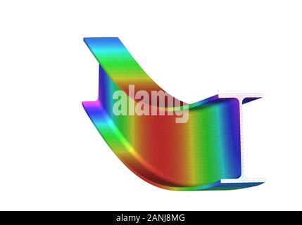 Una semplice piegatura della trave ad i supportata. Vista 3D della deformazione della mesh e grafico delle deflessioni dall'analisi degli elementi finiti sul dorso bianco Foto Stock