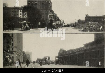 Pavimentazioni per traffico moderno . BOSTON, MASSACHUSETTS -Acquisto Street. Granito - Blocco - Lastricato 1904. Fotografato 1910 37. NEW YORK CITY-due strade Heavy-Traffic lungo la Water-Front dove tutti i tipi di merci è trasportato a Railroadand Steamship Docks. -South Street. B-West Street. Granite-Block lastricata in 1908. 38 marciapiedi di mattoni: un ammattonato consiBts del mattone onedge impostato su di una apposita fondazione. Marciapiedi di mattoni sono stati constructedin Holland come lontano come 18C0, ma sono stati utilizzati per la prima volta in theUnited membri nel 1870 a Charleston, West Virginia. Originallythe mattone era semplicemente appoggiata sulla terra la strada b Foto Stock