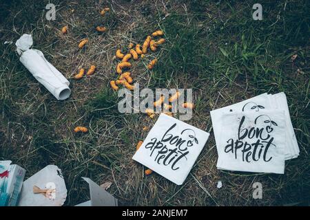 Spreco di junkfood dopo un festival con la scrittura di bon appetit Foto Stock