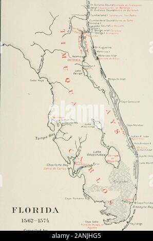 Insediamenti spagnoli entro i limiti attuali degli Stati Uniti . sno sono Luterani e in orderthat così male una setta non deve rimanere viva in queste parti, mi willconduct me stesso in tale saggio e darà modo incitare i miei amici, theIndians, da parte loro, che in cinque o sei settimane molto pochi se anywill rimanere vivo. E di un migliaio di francese con un armadaof dodici vela che avevano sbarcato quando ho raggiunto queste province,solo due navi sono scappati, e quelli molto misera quelli,con circa quaranta o cinquanta persone. E fu così che Avil^s spurgato Florida del Frenchand di eresia. Copia de Foto Stock