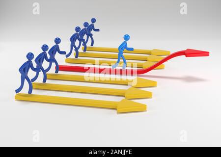 3d uomo, persona salendo sulla freccia rossa. 3d persone imprenditore sorge in base alla pianificazione. Il rendering 3D Foto Stock