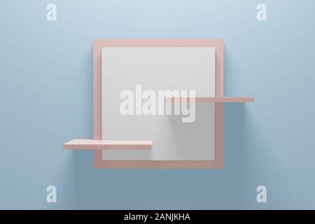 Ripiano vuoto piedistallo su luce blu. Vista frontale interna minima nozione. Vuoto prodotto ripiano sfondo permanente. Il rendering 3D. Foto Stock