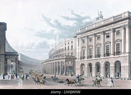 Il quadrante su Regent Street e mostrando la contea fuoco Office di Londra, Inghilterra. Dopo un lavoro datato 1822. Più tardi la colorazione. Foto Stock