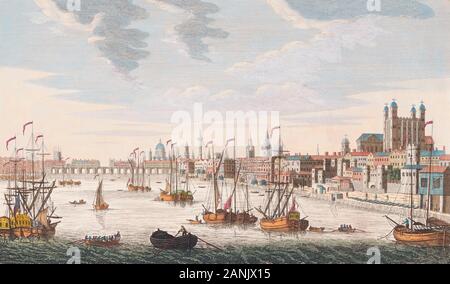 Una vista della torre, con il ponte e parte della città di Londra, dal fiume. Da una incisione da J.M. Muller datata 1753 dopo un lavoro di Jacob Maurer. Più tardi la colorazione. Foto Stock