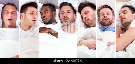 Gli uomini di russare mentre dorme nel letto collage Foto Stock