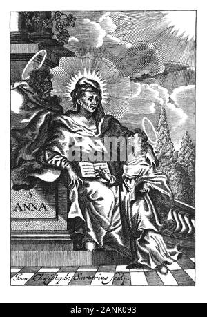 Antique vintage allegorico religioso incisione o disegno di Christian santa donna Santa Anna.illustrazione dal libro Die Betrubte und noch Ihrem Beliebten..., Impero Austriaco,1716. Artista J.C.Sartorius. Foto Stock