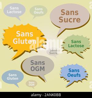 Finestre di dialogo e tag sugli allergeni alimentari. Etichette prive di glutine, zucchero, lattosio, uova e OGM in lingua francese Illustrazione Vettoriale