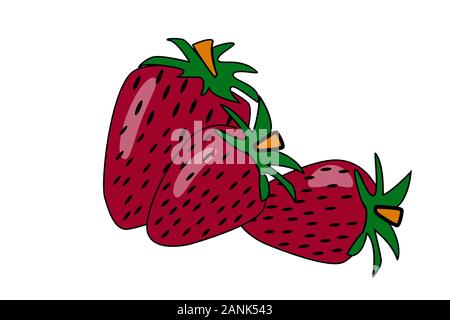 Fragola isolati su sfondo bianco. Frutta, fragole mature con un icona dello stelo per l'etichetta, segno,,stampa poster, menu.semplice piatto cartoon vettore di design Illustrazione Vettoriale