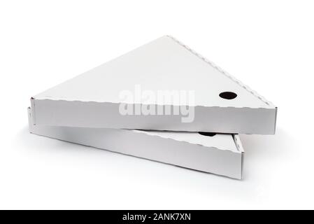 Due triangolo vuoto il confezionamento di trancio di pizza box isolato su bianco Foto Stock