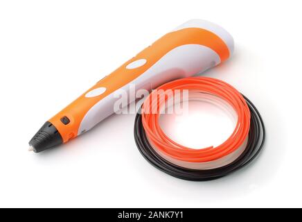 Orange 3D penna e insieme di filamenti isolato su bianco Foto Stock