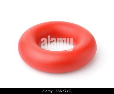 Mano rossa anello in gomma espansore carpale isolato su bianco Foto Stock