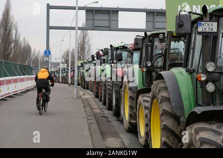 Mainz, Germania. Il 17 gennaio 2020. I trattori sono schierate prima di attraversare il ponte in Mainz. Oltre 800 agricoltori con il loro trattore hanno protestato fuori del ZDF stazione TV in Mainz contro i mezzi di comunicazione della politica agricola. In seguito essi tentano di creare il mondo mobile più lunga catena del trattore mediante la guida dalla stazione TV attraverso Rhenish Hesse, per protestare contro le nuove norme di fertilizzanti. Foto Stock
