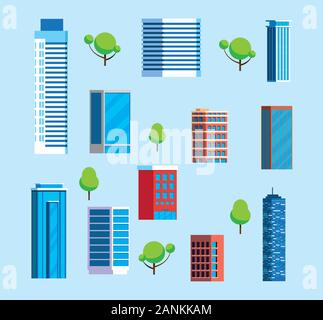 set di torri di appartamenti e costruzione di uffici disegno vettoriale Illustrazione Vettoriale