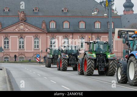 Mainz, Germania. Xvii gen, 2020. Trattori cross Theodor-Heuss-Bridge da Hesse in Mainz. Oltre 800 agricoltori con il loro trattore hanno protestato fuori del ZDF stazione TV in Mainz contro i mezzi di comunicazione della politica agricola. In seguito essi tentano di creare il mondo mobile più lunga catena del trattore mediante la guida dalla stazione TV attraverso Rhenish Hesse, per protestare contro le nuove norme di fertilizzanti. (Foto di Michael Debets/Pacific Stampa) Credito: Pacific Press Agency/Alamy Live News Foto Stock