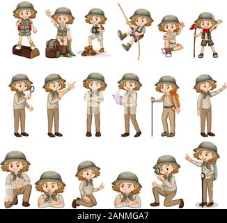 Set di Cute girl in safari outfit facendo molte attività illustrazione Illustrazione Vettoriale