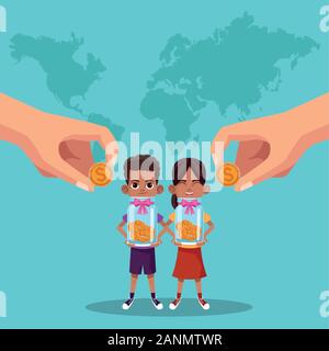 Cartoon kids tenendo le bottiglie di vetro con somme e mani monete, design colorato Illustrazione Vettoriale