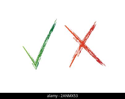 Accettazione e rifiuto vettore dei simboli per i pulsanti di voto, scelta di elezione. Cerchio pennellata confini. OK simbolico e icona X isolato su bianco.Tick e segni di croce, segni di spunta design Illustrazione Vettoriale
