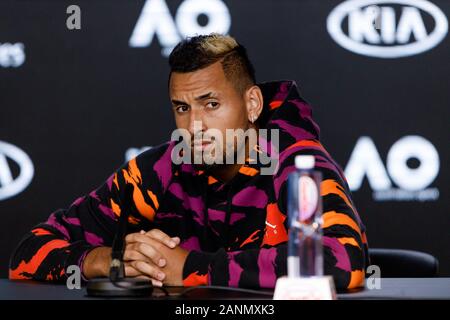 Nick KYRIOS (AUS) durante una conferenza stampa all'Australian Open del 2020 Foto Stock