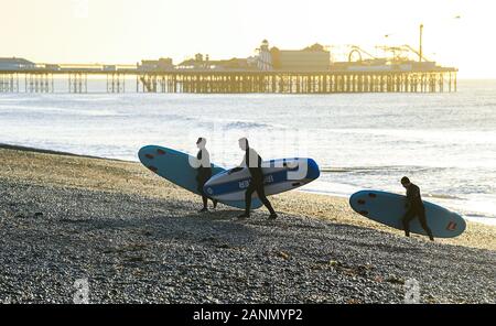 Brighton Regno Unito 18 Gennaio 2020 - Paddle boarders salire fino la spiaggia di Brighton dopo godendo di un inizio di mattina pagaia in bella e soleggiata mattina meteo . Il tempo è previsto rimanere molto più calma dopo le recenti tempeste ma molto più freddo per i prossimi giorni in tutta la Gran Bretagna . Credito: Simon Dack / Alamy Live News Foto Stock