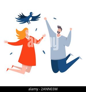 Le persone felici jumping con uccello Illustrazione Vettoriale