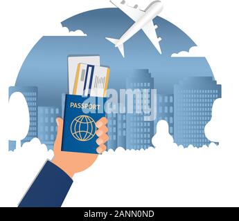 Vettore di piana banner web sul tema dei viaggi in aereo, vacanza avventura. Volo nella stratosfera. Il decollo sopra la città tra il Illustrazione Vettoriale