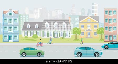 Strada tranquilla con case famiglia con le persone e le automobili Illustrazione Vettoriale