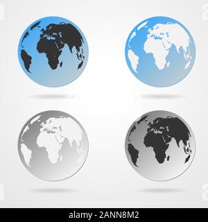 Set di blu e massa monocromatica globi isolati su sfondo bianco. Luce - blu semplice schema del globo. Raccolta di icone globo terrestre - vecto Illustrazione Vettoriale