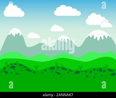 Paesaggio piatto - illustrazione vettoriale. Semplice paesaggio con prato verde e le montagne. Illustrazione Vettoriale