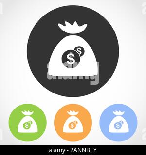 Denaro borsa icona sul pulsante rotondo. Illustrazione Vettoriale. Set di icone di piana del sacco di denaro in quattro versioni di colore. Illustrazione Vettoriale