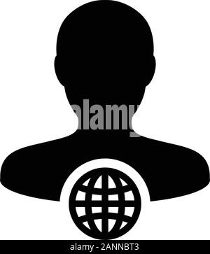 Leadership vettore icona globo con maschio profilo persona simbolo avatar per una rete aziendale in un colore piatto pittogramma glyph illustrazione Illustrazione Vettoriale