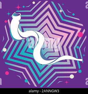 Cartoon shofar (clacson) di Rosh Hashanah israeliane e festa ebraica, sfondo decorativo con motivi colorati. Illustrazione Vettoriale