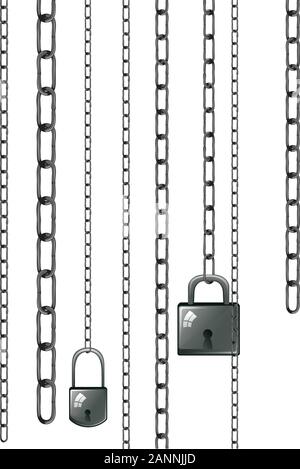 Grigio metallo catene con lucchetto sullo sfondo bianco. Illustrazione Vettoriale