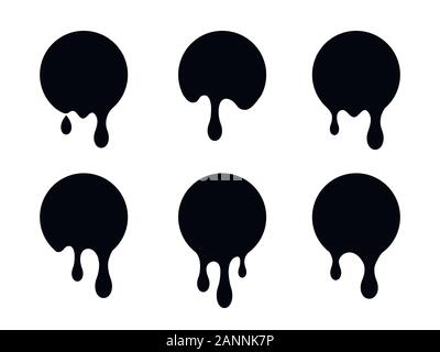Gocciolamento di vernice. Scende fluente. Corrente di inchiostro o liquido. Adesivi Nero Cerchio o etichette. Illustrazione Vettoriale