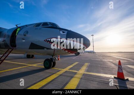 RIGA, Lettonia, 17 gennaio 2020 - ucraino Eleron compagnia aerea cargo aereo Antonov un-26B UR-CSK in livrea speciale terre Aeroporto internazionale di Riga. Il piano è stato utilizzato nel film di Hollywood delle parti soggette a usura Foto Stock