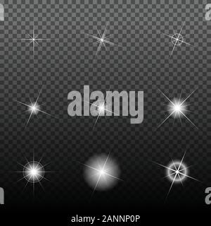 Luce incandescente esplosione di burst con trasparente. Stelle con bagliori. Illustrazione Vettoriale. Illustrazione Vettoriale
