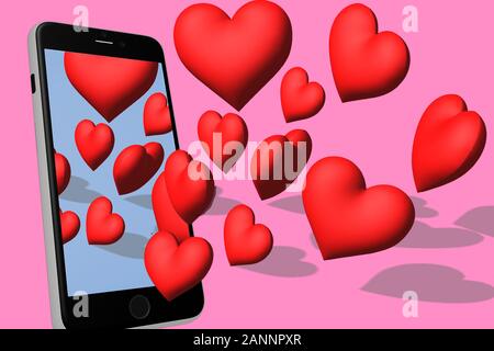 Cuori rossi volare al di fuori della schermata telefono. Concetto per il giorno di San Valentino o il messaggio di saluto di nozze posti in Instagram o altri social media. 3D render illustrazione di Foto Stock