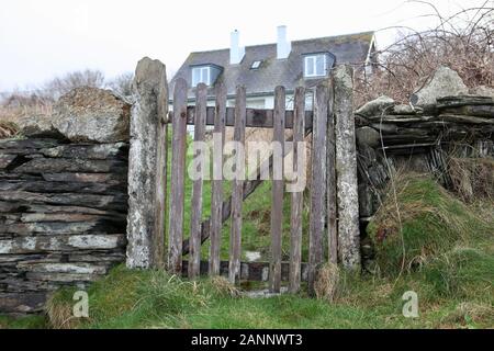 Porta giardino in legno, Newport, Pembrokeshire Foto Stock