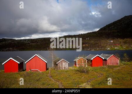 Linea di cottage rossi vicino al lago nel nord della Norvegia, vicino al confine con la Svezia, scandinavia Foto Stock