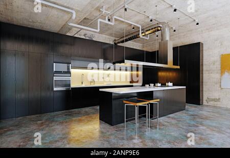 Moderna cucina loft interni.il rendering 3D design concept Foto Stock